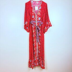 NWT Gypsy Tale Boho Floral Kimono Maxi/Duster Dress Button Front + Tie Belt M